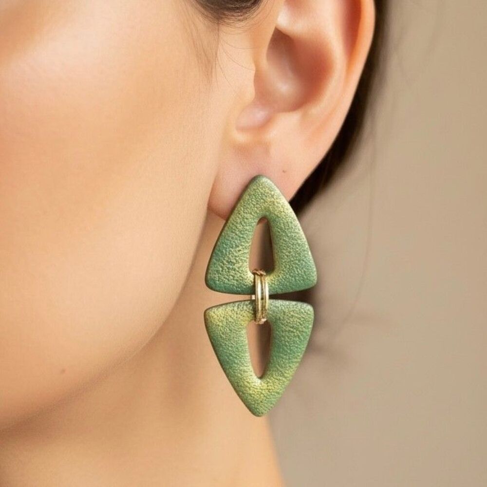 Handmade Green Gold Textured Polymer Clay Dangle Statement Earrings